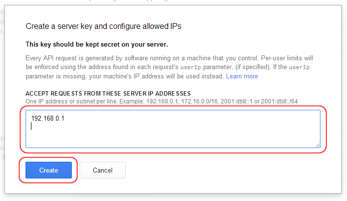 Google APIの利用を許可するリクエスト元ホスト(IPアドレス/サブネットアドレス)の設定