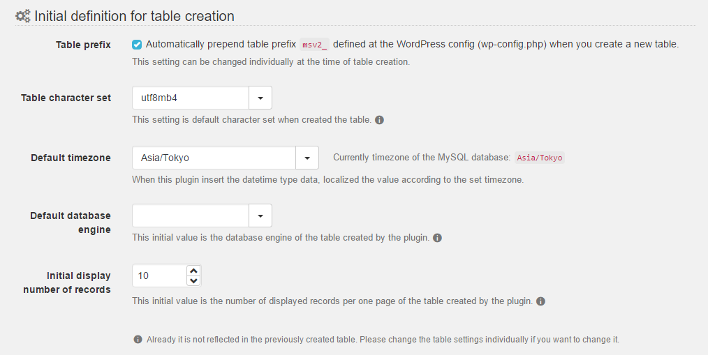 Initial definition for table creation