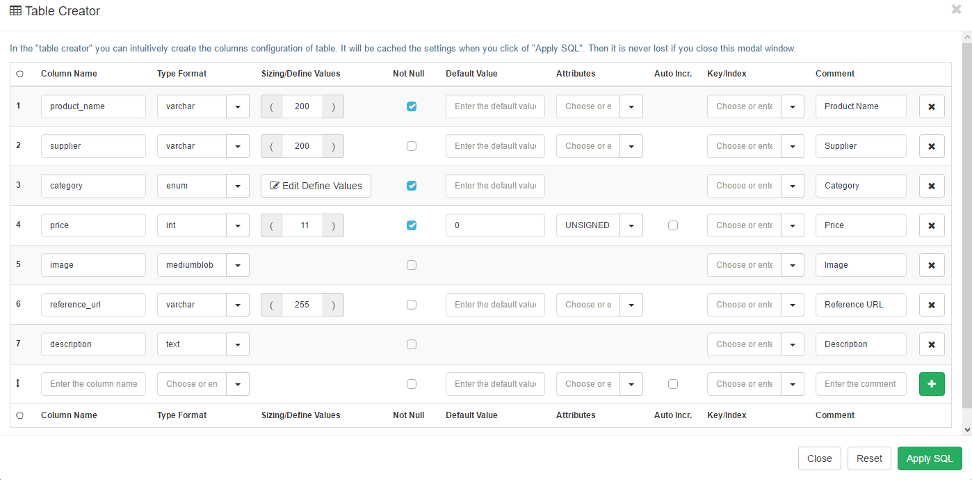 製品管理テーブル: テーブルクリエイター